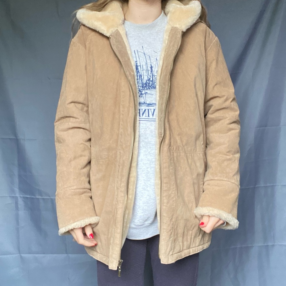 Beautiful St John’s Bay Pennylane Suede Large Tan 100% Leather Warm Winter Coat - Picture 6 of 11
